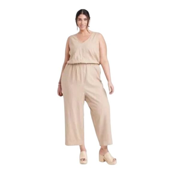 Universal Thread Linen Jumpsuit Plus Sz XXL Tan VNeck Cutout Back Elastic Waist - Picture 1 of 9